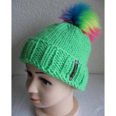 Kinder Bommelmütze mit farbenfrohen Kunstfell Pompon - Neon Grün