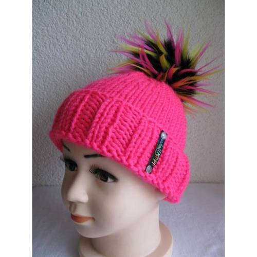 Kinder Bommelmütze mit farbenfrohen Kunstfell Pompon - Neon Pink