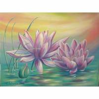 Acrylgemälde "RAINBOW WATERLILIES" - Kunst Bild Blumen Malerei Natur Leinwand 80cmx60cm Bild 1