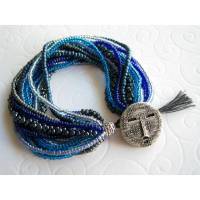 Armband Glasperlen blau, 15-reihig, Knopfverschluss Bild 1