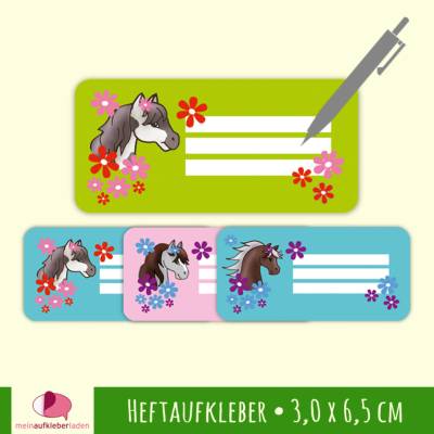 24 Heftaufkleber | Pony mit Blumen - Schulaufkleber zum selbstbeschriften - 3,0 x 6,5 cm