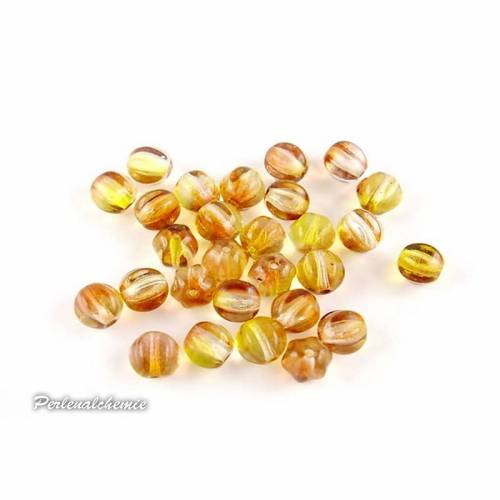 30 Glasperlen Melonenperlen 10 mm transparent gelb-braun