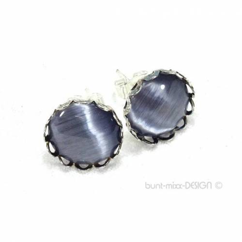Ohrstecker Cateye Glas Cabochon grau, Fassung silberfarben, 12mm Cabo Ohrschmuck, Geschenk für sie, BuntMixxDESIGN