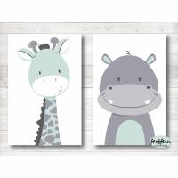Kinderzimmerbilder / 2er Set Giraffe und Nilpferd-A4-mint grau Bild 1