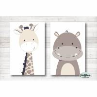 Kinderzimmerbilder / 2er Set Giraffe und Nilpferd-A4-beige Bild 1