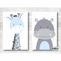 Kinderzimmerbilder / 2er Set Giraffe und Nilpferd-A4-blau grau Bild 1