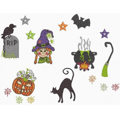 *  10 verschiedene Halloween Motive  *  Stickdateien - 10x10 - Hexenkessel, Hexenkopf, Katze, Kuerbis, Fledermaus...