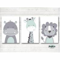 Kinderzimmerbilder / Nilpferd/Löwe/Giraffe 3er Set-A4-weiß / mint grau Bild 1
