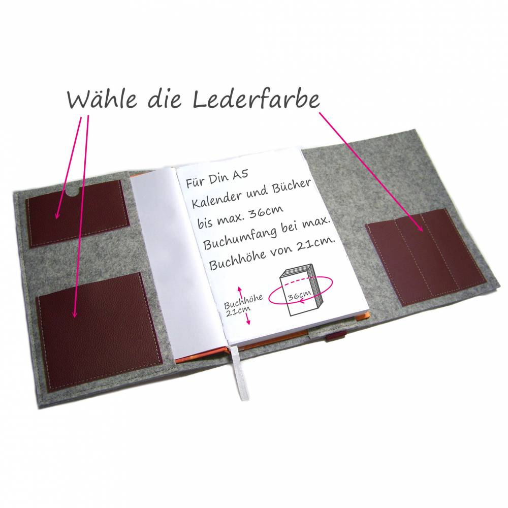 Kalenderhülle Hülle Einband Blume mit Stifthalter Wollfilz Filz für Din A6 Kalender Notizbuch oder Maßanfertigung 