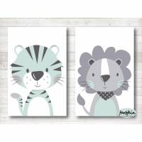 Kinderzimmerbilder Tiger / Löwe 2er Set-A4-weiß / mint grau Bild 1
