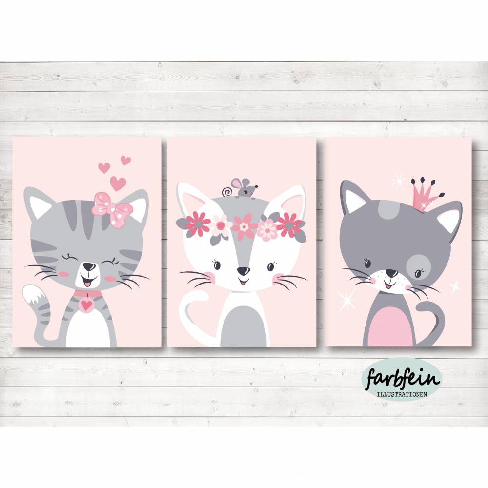 Set 3er Katzen-A4-rosa/grau Kinderzimmerbilder