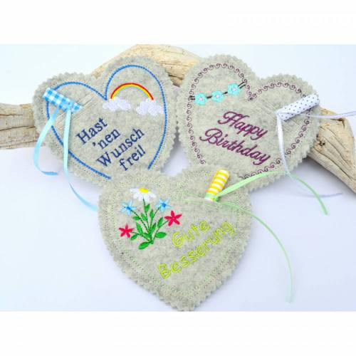 ITH Stickdatei Geschenkanhänger Herzen 3er SET mit Sprüche für Glückwünsche und Geldgeschenke