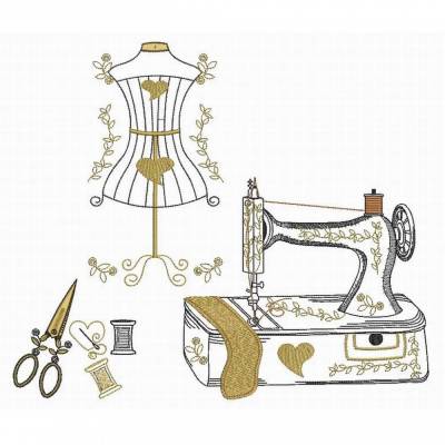 * 3 x Stickdatei * alte Nähmaschine, Scheiderbüste, Schere mit Nähgarn