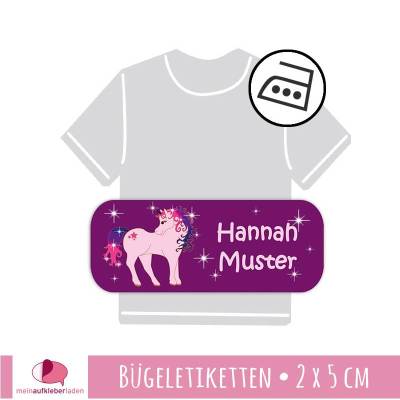 52 permanent Bügeletiketten | Fantasy Einhorn lila - 2 x 5 cm