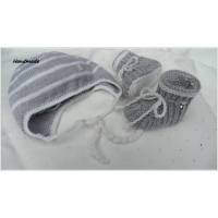 Neugeborenen-Set Babymütze, Babyschuhe, handgestrickt, grau/weiß Bild 1