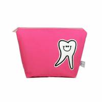 Kosmetiktasche Schminktasche pink rosa weiß Zahn Zahnpflege Zähne kariert Karo handmade Bild 1