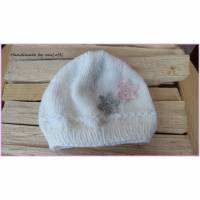 Babymütze -  Neugeboren - gestrickt - Merino-Wolle - weiß, rosa Bild 1
