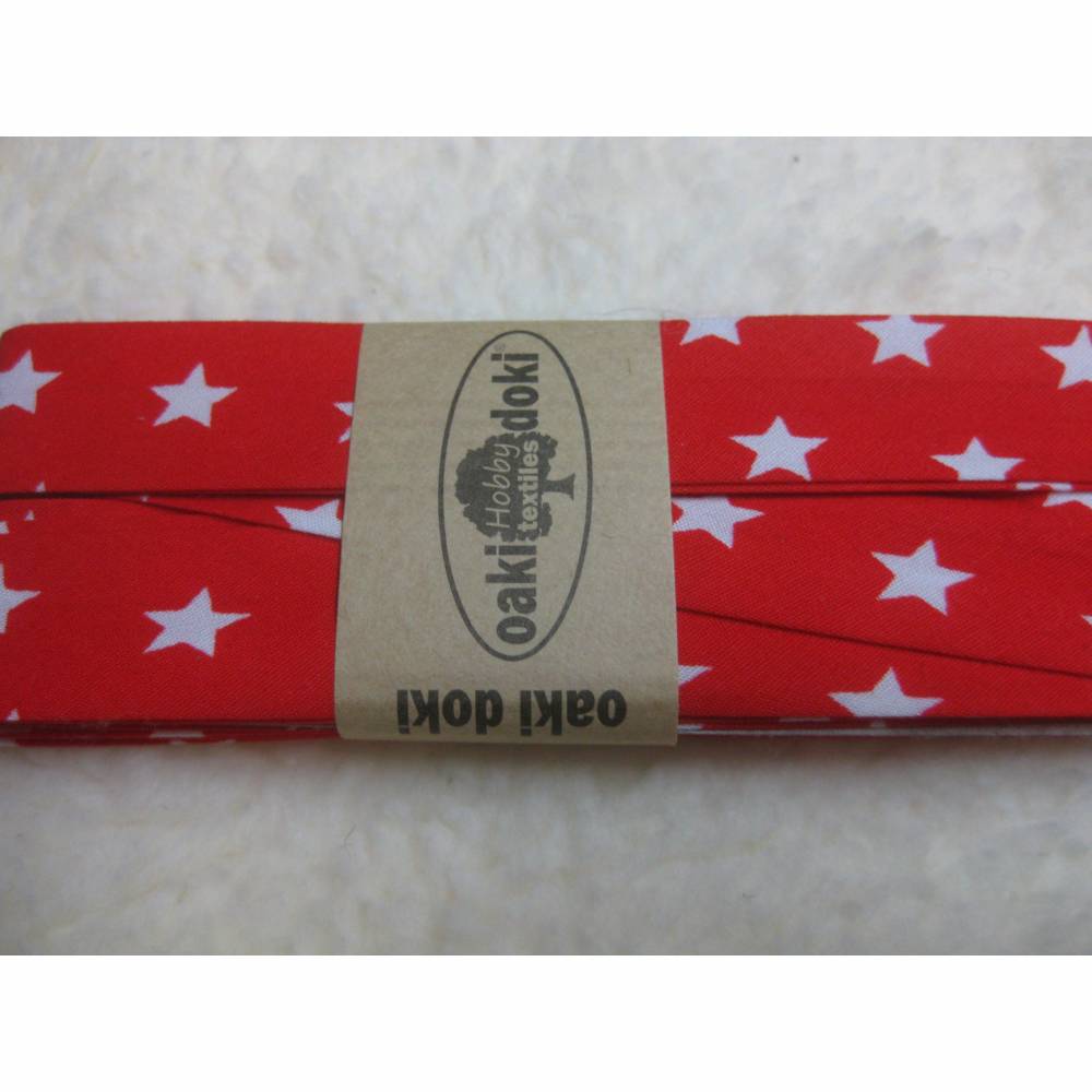 3 m Schrägband, 100% Baumwolle, "oaki doki" rot mit Sternen/stars gef. 40/20mm  (1m/0,83 €) Bild 1