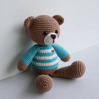 Häkeltier Teddybär Freddy Häkelteddy braun/türkis aus Baumwolle handgemacht Bild 1
