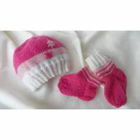 Frühchen-Set, Baby-Mütze Baby-Socken,  Babyset in weiß/rosa/pink. Bild 2