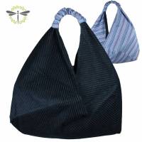 Origami-Tasche XXL Shopper Beutel japanische Einkaufstasche Bento-Bag blauer Cordstoff gestreift Bild 1