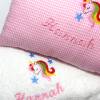 personalisiertes Kissen Namenskissen mit Einhorn Kinderkissen rosa weiss, Geschenk Geburt Taufe, Geburtstag Weihnachten Bild 2
