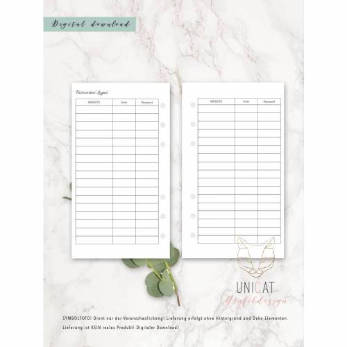 Einlage "Passwörter" für Personal digital download printable