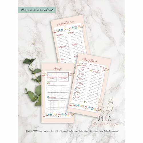 Set Menüplan,Einkaufsliste, für Filofax Personal