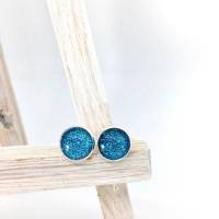 Ohrstecker blau glitzernd - silberfarbene Fassung - Cabochon 10-12 mm Bild 1