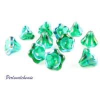 10 Glasperlen Glockenblume 11 x 13 mm smaragd mit AB-Beschichtung Bild 1