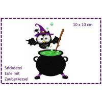 Eule mit Zauberkessel - Halloweeneule 10x10 Stickdatei Bild 1