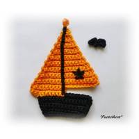 1 gehäkeltes Segelschiff - Schiff - Boot - Häkelapplikation - Aufnäher - schwarz, orange Bild 1