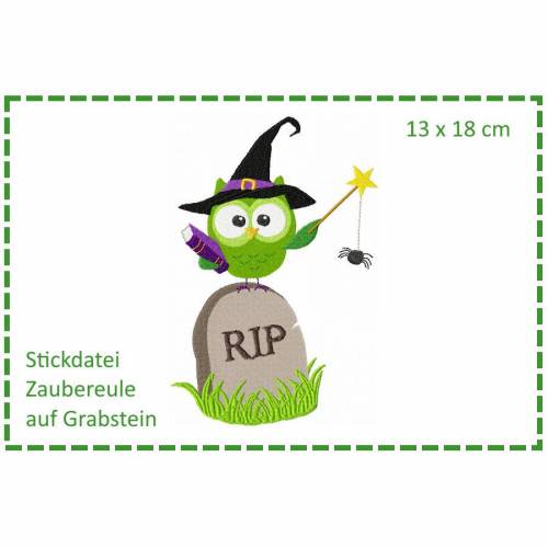 Zauber-Eule auf Grabstein - Halloweeneule 13x18 Stickdatei