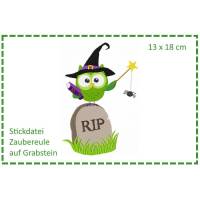 Zauber-Eule auf Grabstein - Halloweeneule 13x18 Stickdatei Bild 1