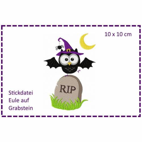 Eule auf Grabstein - Halloweeneule 10x10 Stickdatei