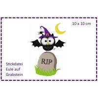 Eule auf Grabstein - Halloweeneule 10x10 Stickdatei Bild 1