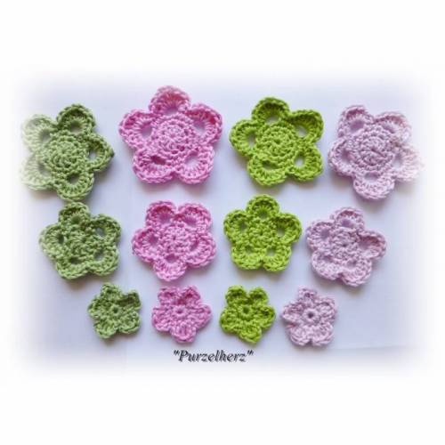 12-teiliges Häkelblumen-Set - rosa - Häkelapplikation