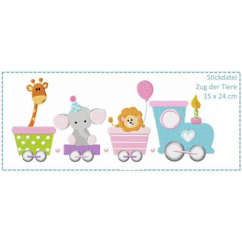 Zug der Tiere 15x24 Stickdatei - Giraffe - Elefant - Löwe