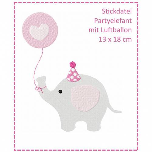 Partyelefant mit Luftballon 13x18 Stickdatei