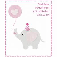 Partyelefant mit Luftballon 13x18 Stickdatei Bild 1