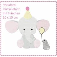 Partyelefant mit Häschen 10x10 Stickdatei Bild 1