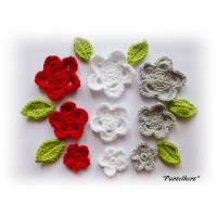 15-teiliges Häkelblumen-Set - Häkelapplikation,Aufnäher,Blumen,rot,weiß Bild 1
