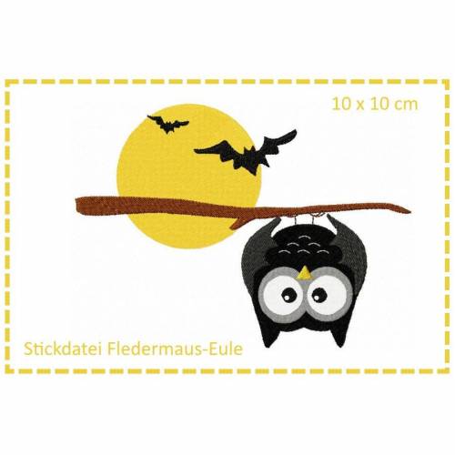 Fledermauseule bei Vollmond - Halloweeneule 10x10 Stickdatei