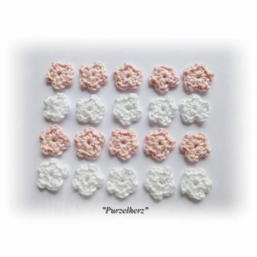 20 handgehäkelte Streublümchen - Häkelblumen, Aufnäher, Applikation,Tisch- und Streudeko - Taufe,Hochzeit - rosa,weiß