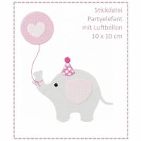 Partyelefant mit Luftballon 10x10 Stickdatei Bild 1
