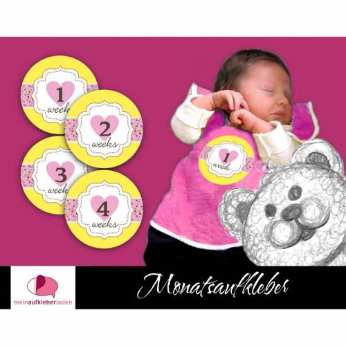 4 Baby Meilensteinaufkleber| Baby 1 - 4 Wochen - Herzchen rosa
