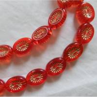 10 tablecut Perlen, Glasperlen oval, orange, hyacinth mit strahlenförmigen Muster