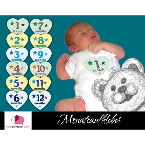 12 Baby Monatsaufkleber | Baby´s 1. Lebensjahr - Herz mit Sternchen
