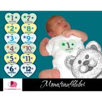 12 Baby Monatsaufkleber | Baby´s 1. Lebensjahr - Herz mit Sternchen Bild 1