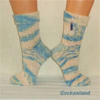 handgestrickte Socken, Strümpfe Gr. 42/43, Damensocken und Herrensocken in hellblau mit natur, Einzelpaar Bild 1